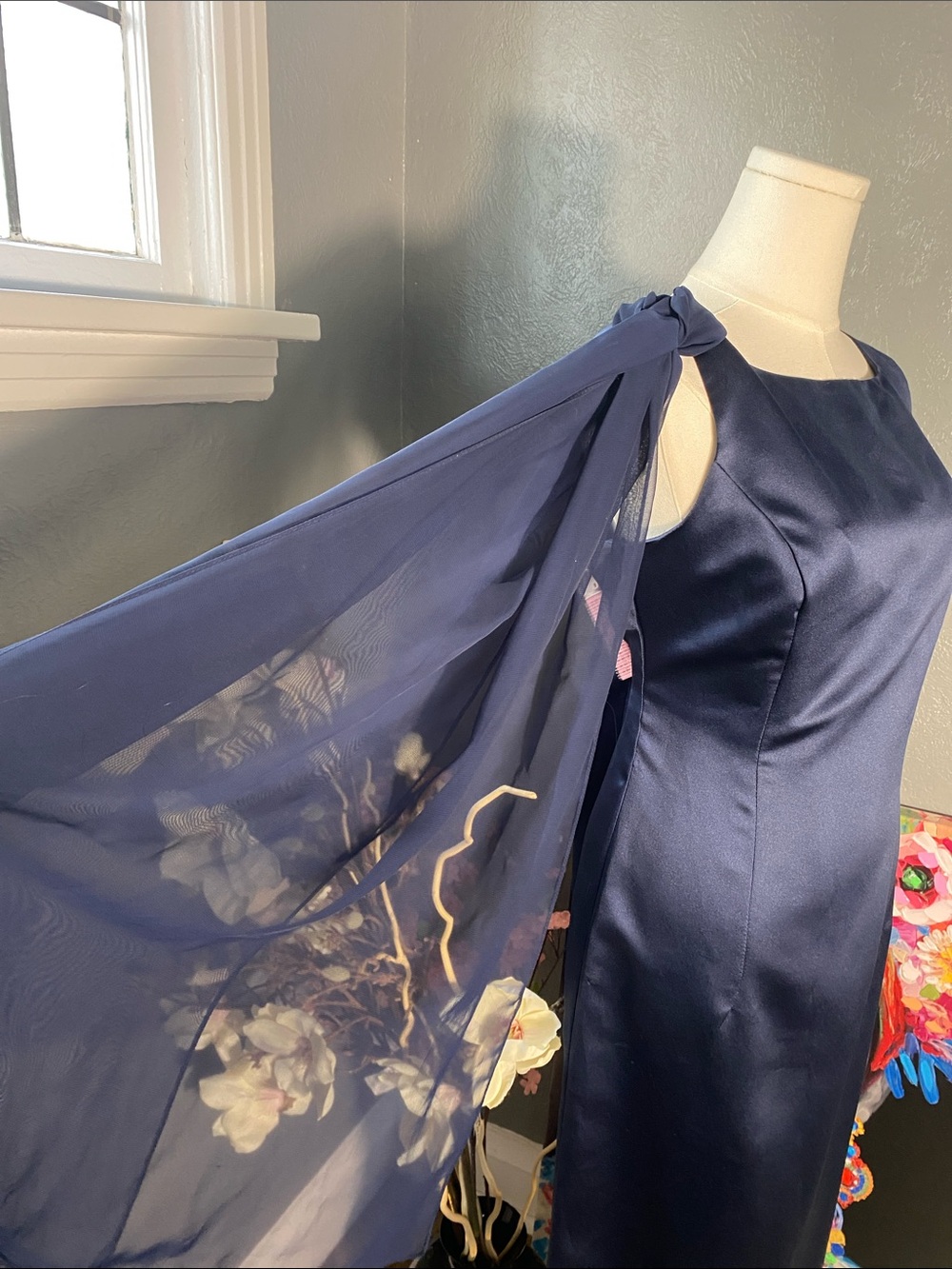 Michaelangelo Navy One Shoulder Formal Gown Cape Sleeve Prom Evening Dress - Picture 6 of 10